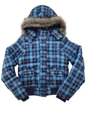 Aéropostale Plaid Winter Bomber Coat Fur Trim Hood Blue Juniors Large Y2K 2000s
